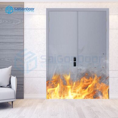 Cửa gỗ chống cháy 2 cánh màu xám phòng ngủ hiện đại